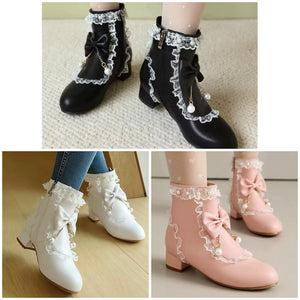 Women Fashion Pearl Color Patchwork Ruffled Bow Flat Ankle Boots