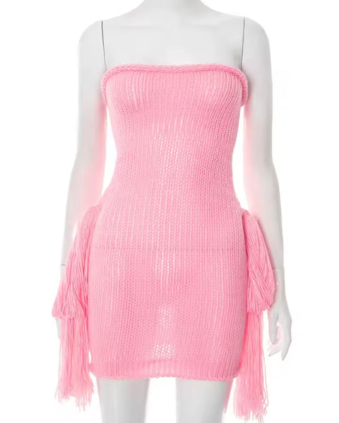 Women Pink Strapless Sexy Knitted Fringe Tassel Dress