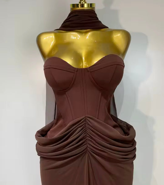 Women Sexy Strapless Ruched Maxi Dress