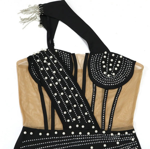 Women Sexy One Shoulder Sleeveless Pearl Beaded Dress