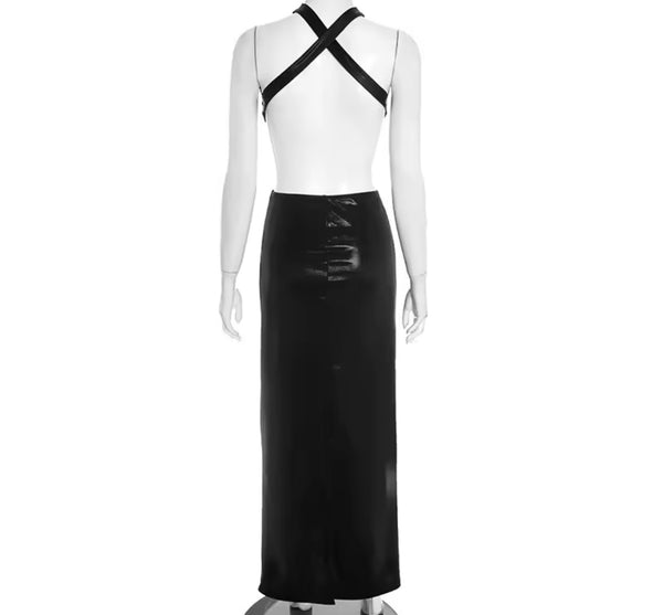 Women Sexy Halter Criss Cross Cut Out PU Ruche Maxi Dress