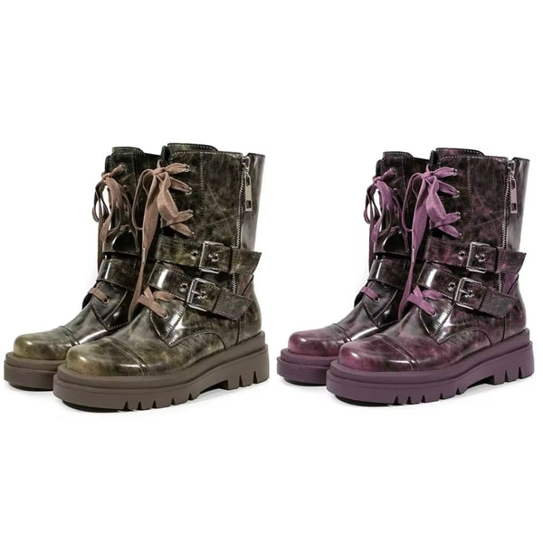 Women Color Buckled Lace Up Fashion Flat Boots