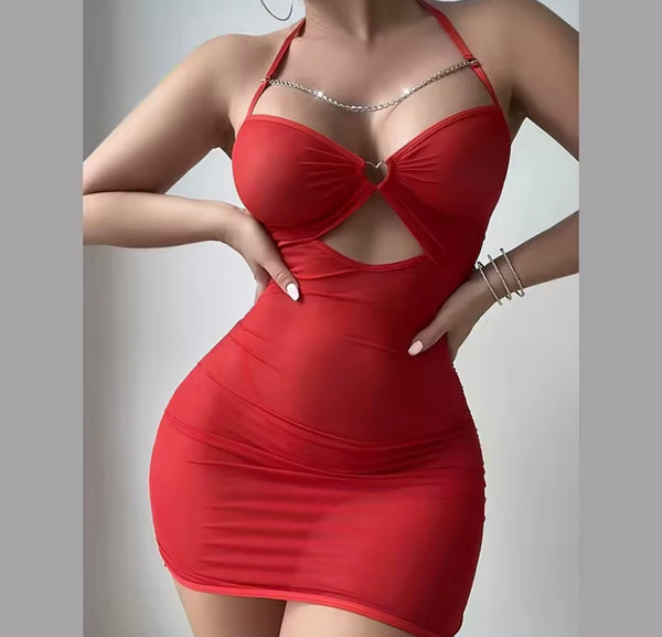 Women Sexy Halter Sleeveless Cut Out Mesh Nightgown Lingerie
