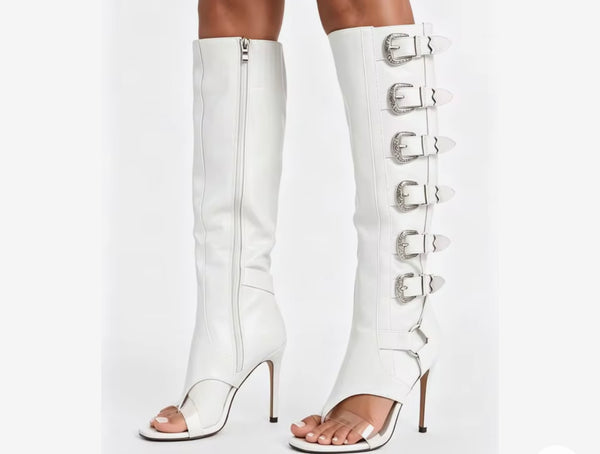 Women Fashion Open Toe Buckled Zip Up Knee High Boots