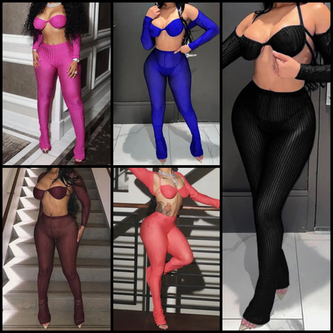 Women Sexy Striped See Through Three Piece Pant Set