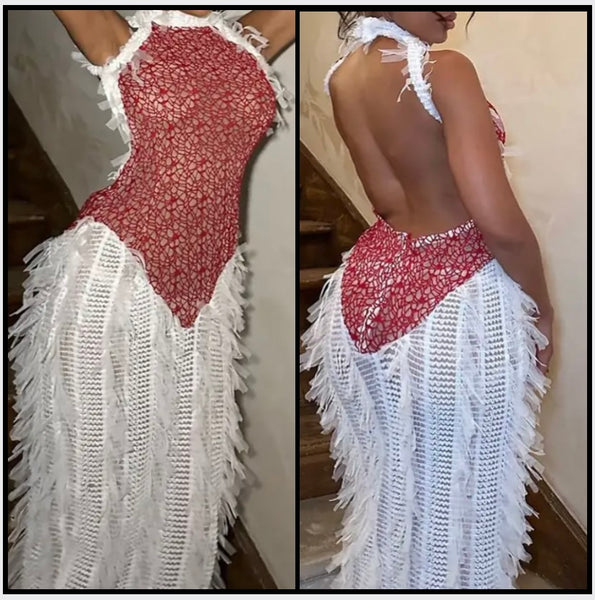 Women Sexy Halter Sleeveless Fringe Mesh Maxi Dress
