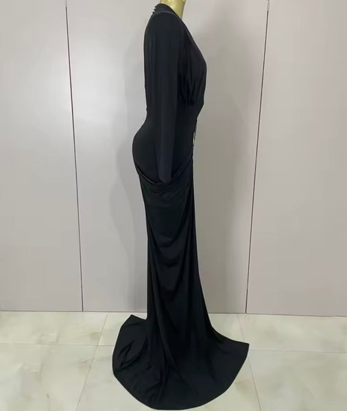 Women Sexy Black Deep V-Neck Full Sleeve Bling Maxi Dress