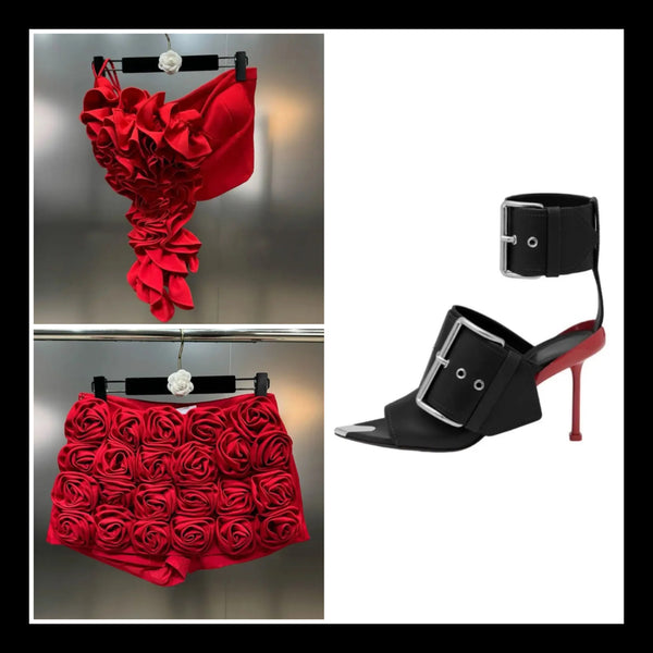 Women Sexy Rose Strapless Crop Top/ Shorts