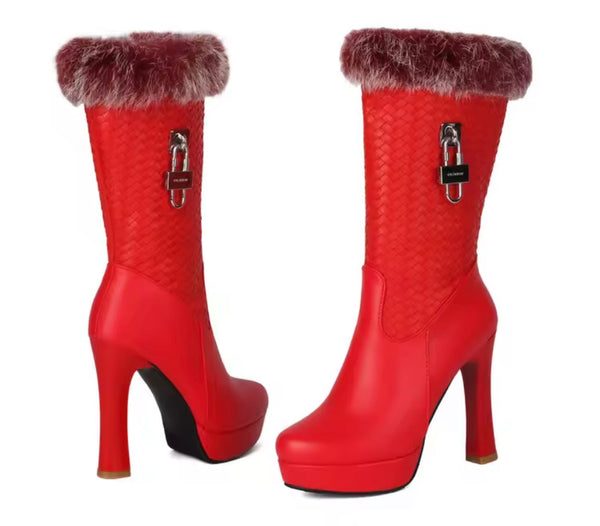 Women Fashion Faux Leather Fur Buckled Lock High Heel Boots