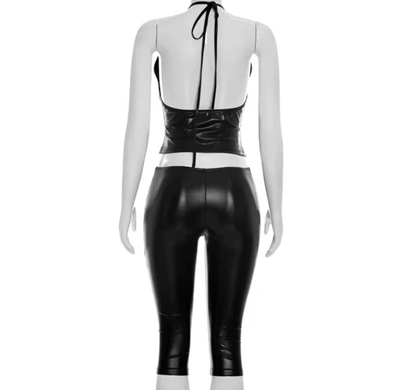 Women Sexy Halter Sleeveless PU Two Piece Capri Pant Set
