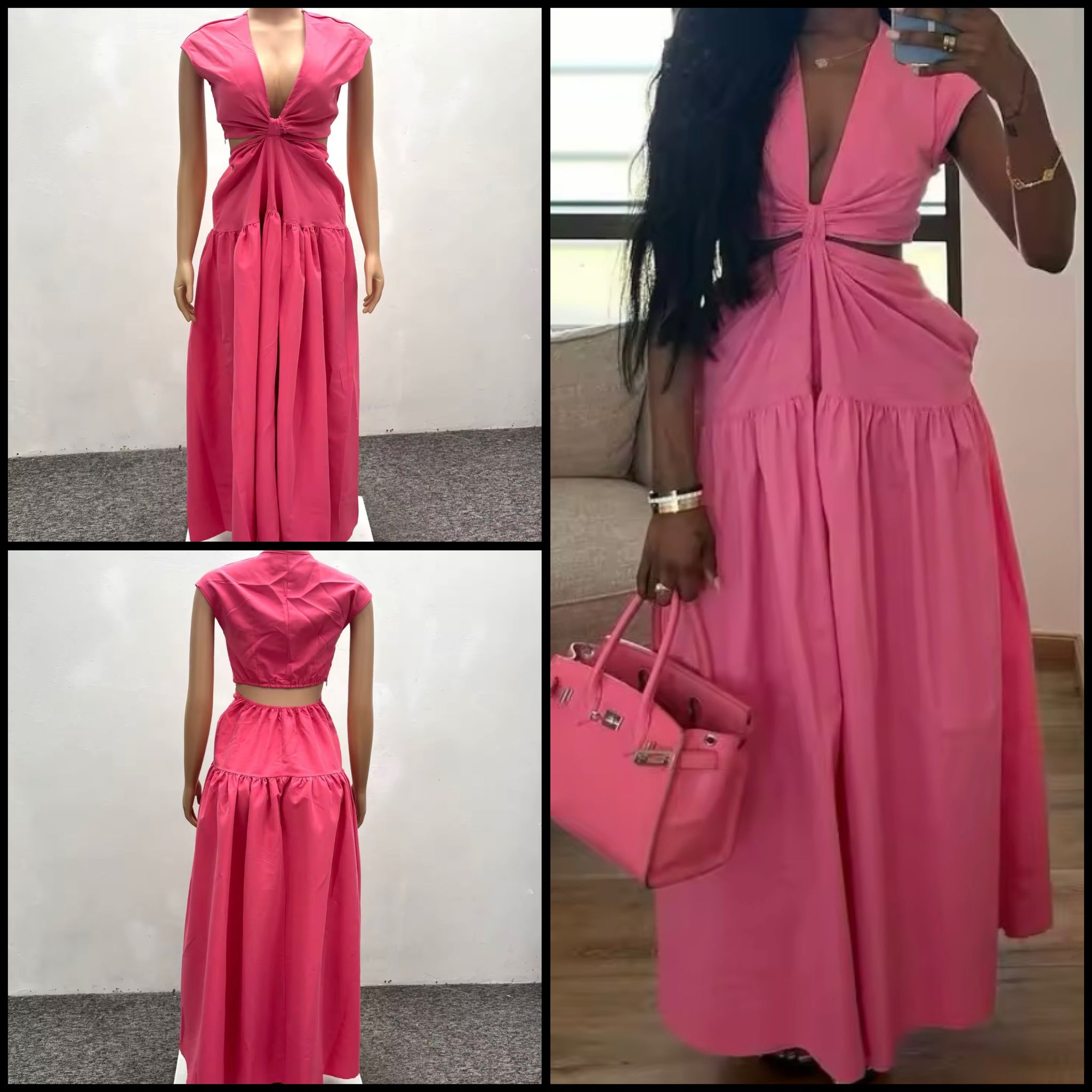 Women Pink Sexy Short Sleeve Cut Out Maxi Dress