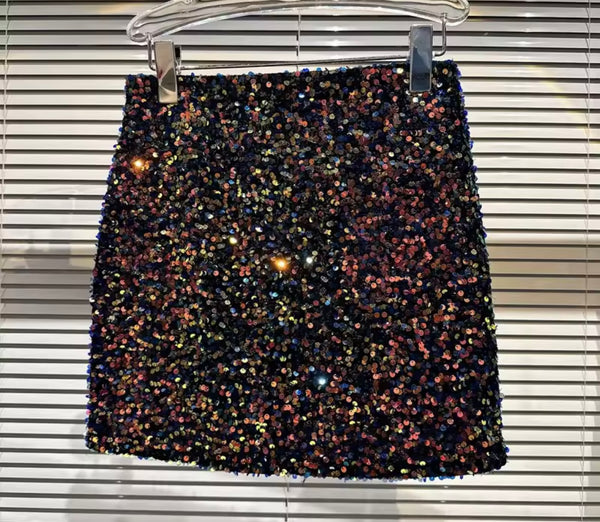 Women Rhinestone Bow Sexy Sleeveless Multicolored Sequins Two Piece Skirt Set