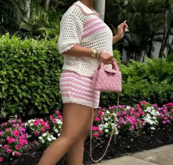 Women Sexy Short Sleeve Striped Knitted Two Piece Skirt Set