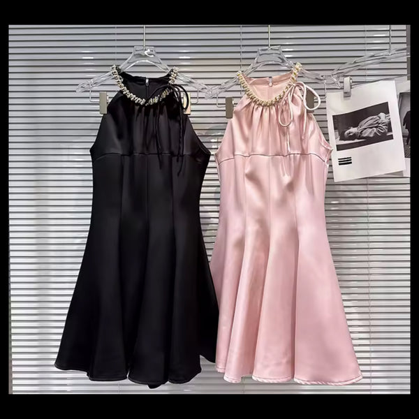 Women Rhinestone Sleeveless Satin Sexy Dress
