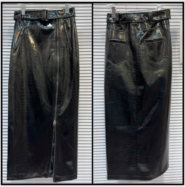 Women Black Front Zipper Belted Faux Leather Maxi Skirt