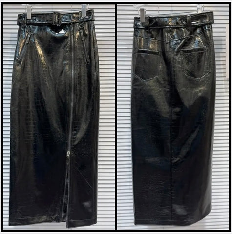 Women Black Front Zipper Belted Faux Leather Maxi Skirt