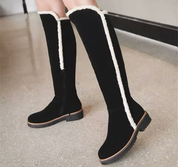 Women Wool Patchwork Fashion Flat Suede Knee High Boots