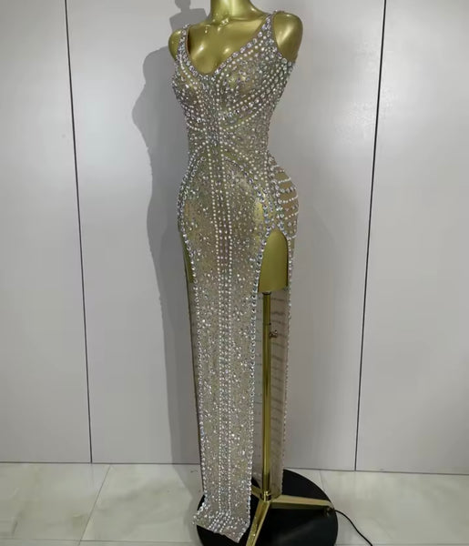 Women Sexy Sleeveless Mesh Rhinestone Maxi Dress