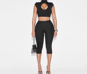 Women Sexy Turtleneck Short Sleeve Cut Out Two Piece Capri Pant Set