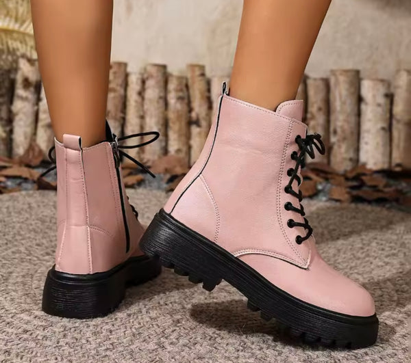 Women Fashion Zipper Lace Up Flat Ankle Boots