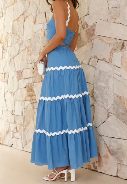 Women Sexy Sleeveless Striped Ruffled Two Piece Maxi Skirt Set