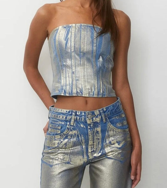 Women Sexy Fashion Strapless Metallic Denim Two Piece Pant Set