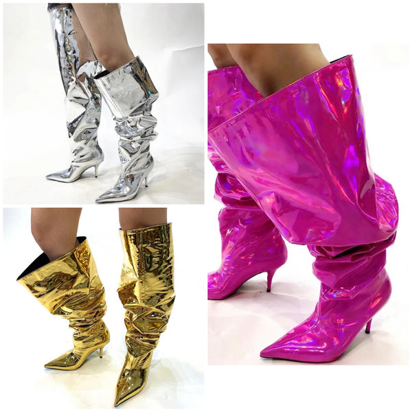 Women Pointed Toe High Heel Mirror Ruched Boots