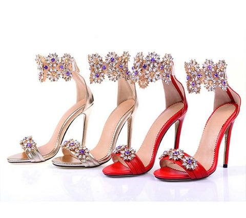 Women Fashion Open Toe Crystal Rhinestone Ankle Strap Sandals