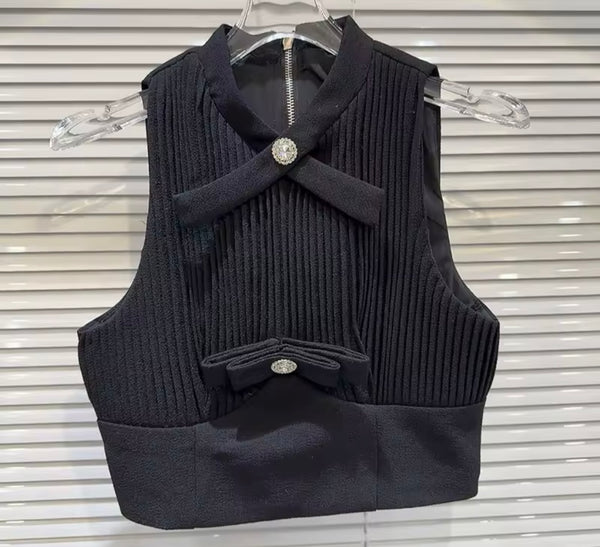 Women Button Bow Sleeveless Ribbed Sexy Two Piece Skirt Set