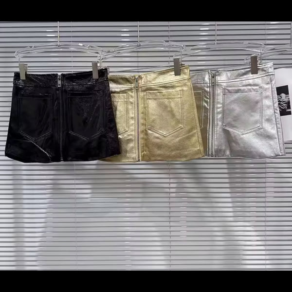 Women Sexy Fashion Front Zipper Faux Leather Skirt