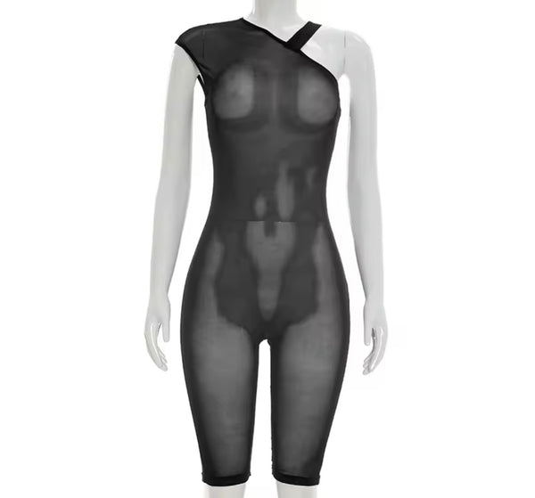 Women Sexy See Through Mesh One Shoulder Sleeveless Romper