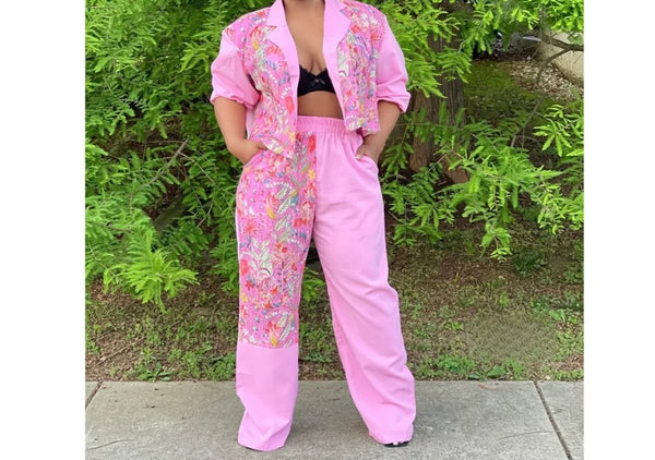 Women Fashion Floral Patchwork Two Piece Tracksuit Pant Set