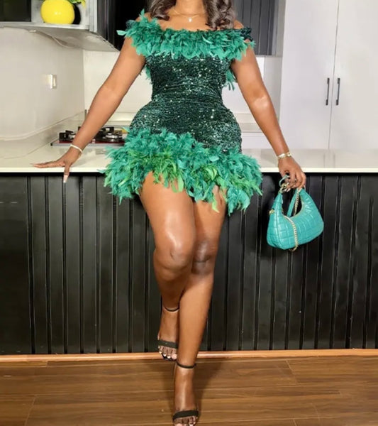 Women Sexy Feather Off The Shoulder Sequins Dress