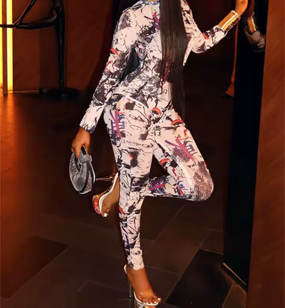 Women White Multicolored Print Full Sleeve Fashion Jumpsuit