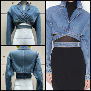 Women Fashion Denim Wrap Crop Jacket