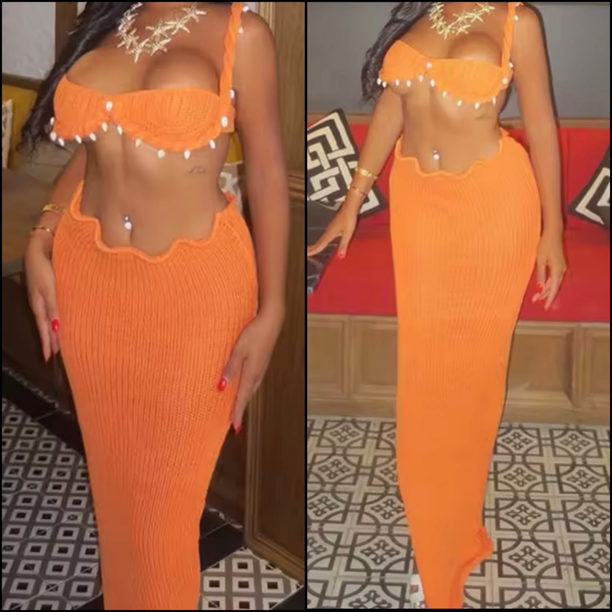 Women Sexy Sleeveless Orange Shells Two Piece Knitted Skirt Set