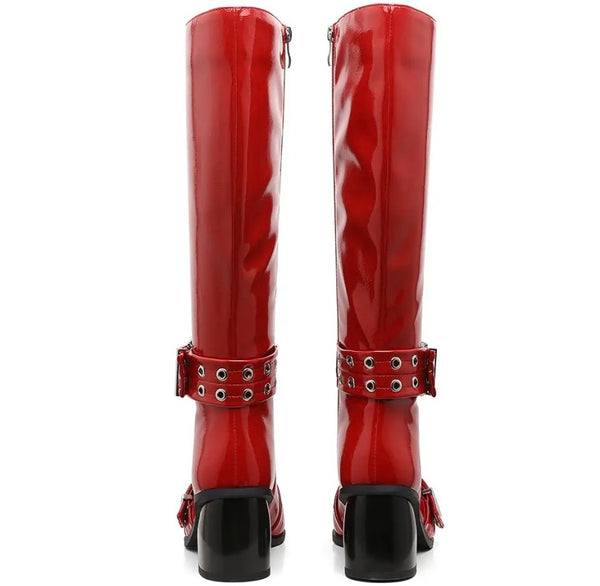 Women Fashion Pointed Toe Buckled Flat Knee High Boots