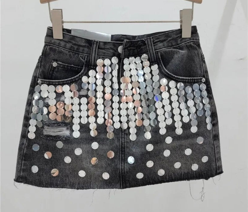 Women Fashion Silver Sequins Patchwork Denim Skirt