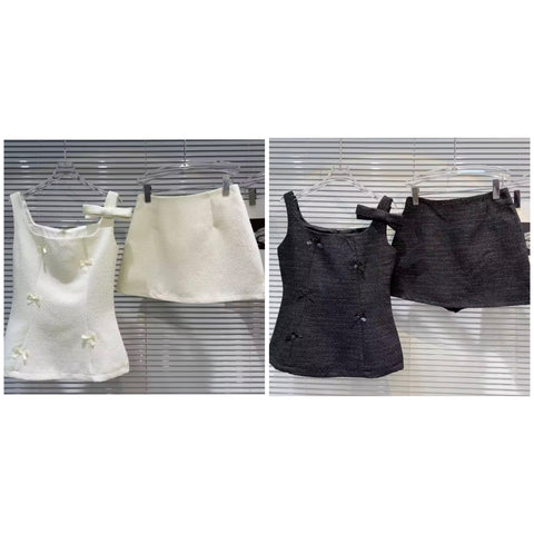 Women Sexy Sleeveless Bow Tweed Two Piece Skirt Set