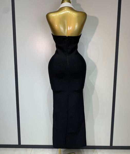 Women Sexy Collar Halter Sleeveless B&W Maxi Dress