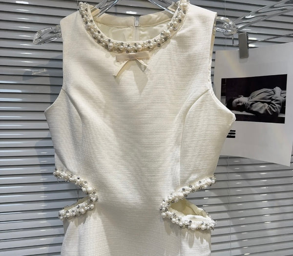 Women Sexy Sleeveless Beaded Bling Cut Out Dress