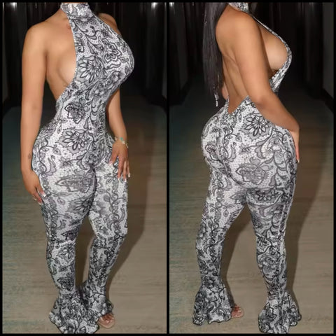 Women Sexy Sleeveless Open Back Printed Jumpsuit