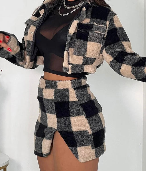 Women Fashion Color Patchwork Plaid Two Piece Skirt Set