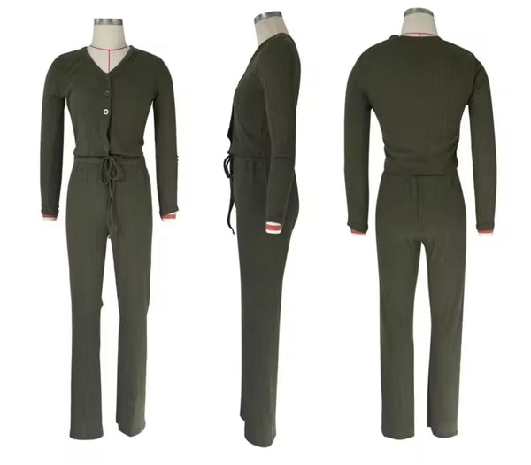Women Fashion Ribbed Button Up Full Sleeve Two Piece Pant Set