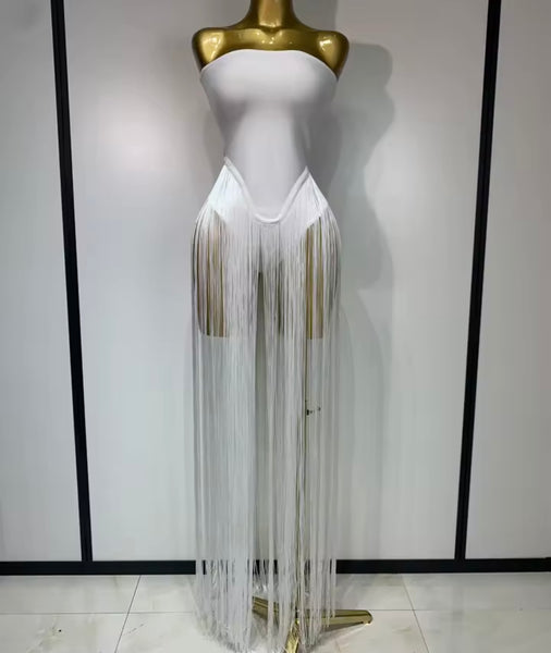 Women Sexy Strapless White Fringe Tassel Maxi Dress