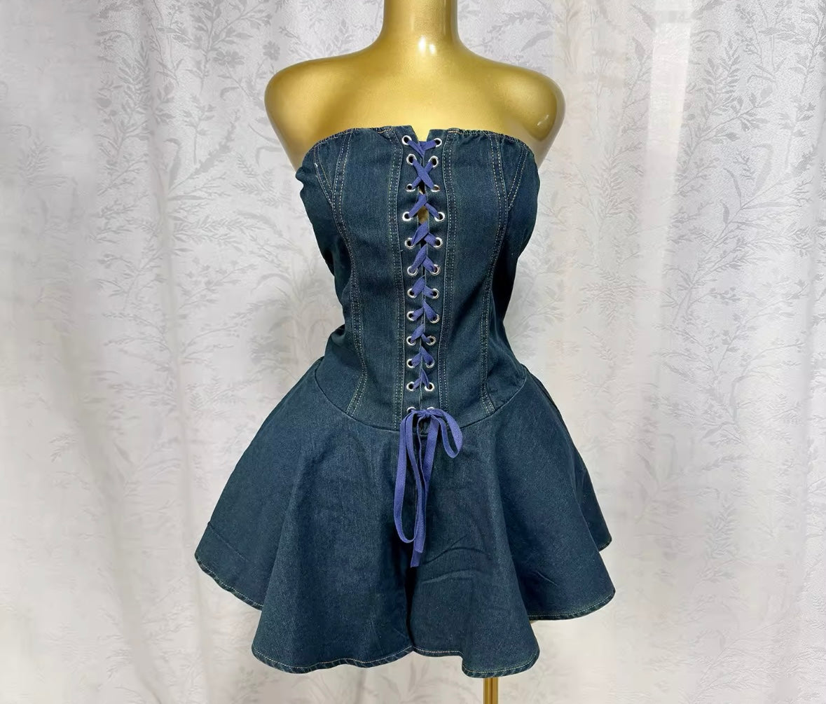 Women Sexy Fashion Strapless Lace Up Denim Romper