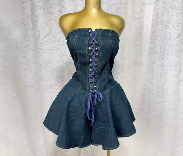 Women Sexy Fashion Strapless Lace Up Denim Romper