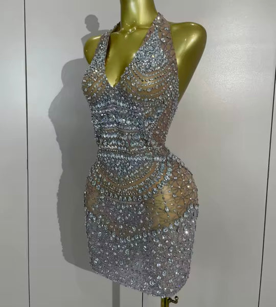 Women Silver Halter Sleeveless Open Back Rhinestone Sexy Dress