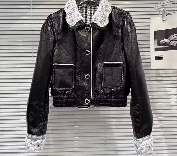 Women B&W Lace Faux Leather Heart Button Up Jacket