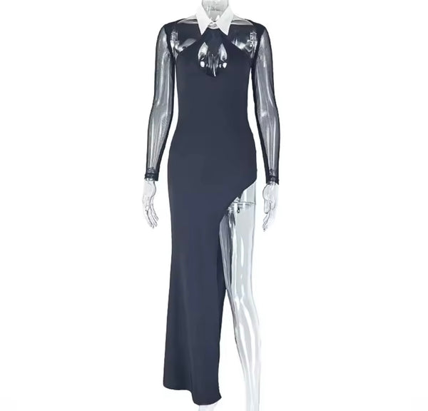 Women Sexy Collar B&W Mesh Full Sleeve Side Split Maxi Dress